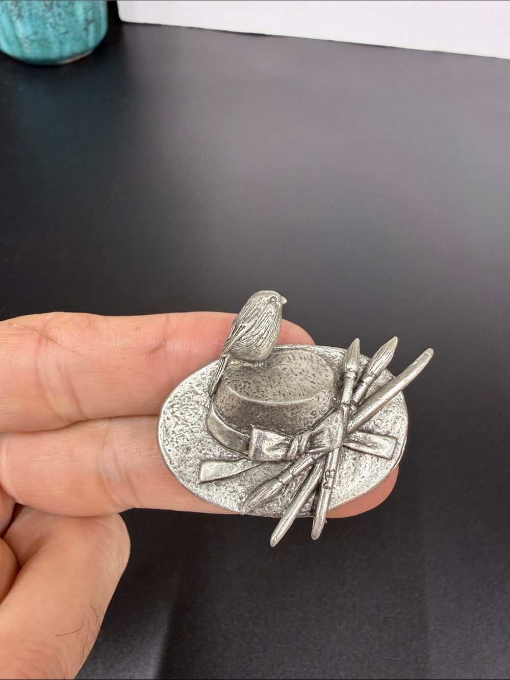 Pewter Pin Artist Hat Bird Bow Paint Brushes Signed Marjolein Bastin (MB) Brooch